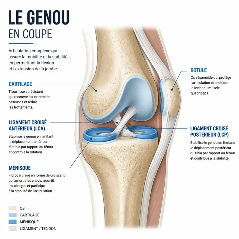 Schéma anatomique du genou pour comprendre les causes d'un genou qui craque