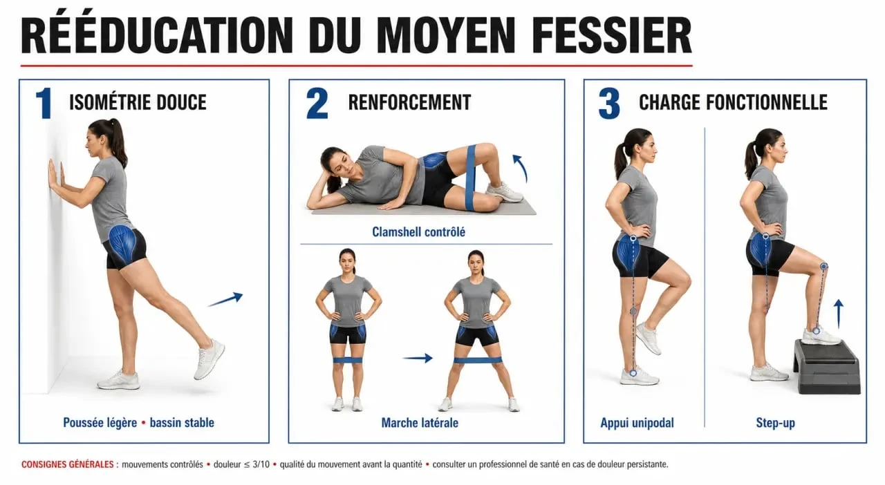 Tendinite moyen fessier exercices : progression en 3 phases de la rééducation de la hanche