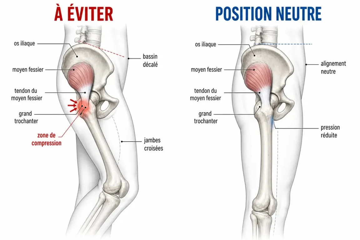 Tendinite moyen fessier exercices : schéma des positions à éviter pour décompresser le tendon
