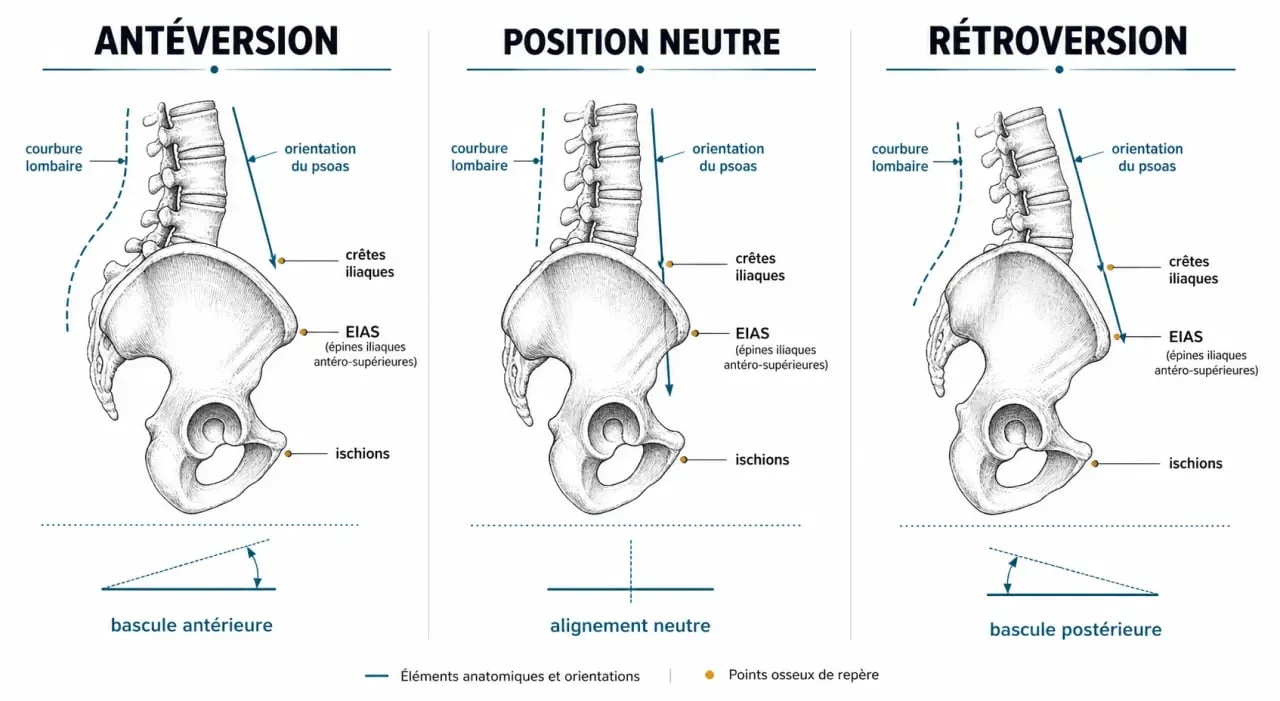 Corriger antéversion bassin : schéma du bassin en antéversion, neutre et rétroversion avec repères anatomiques