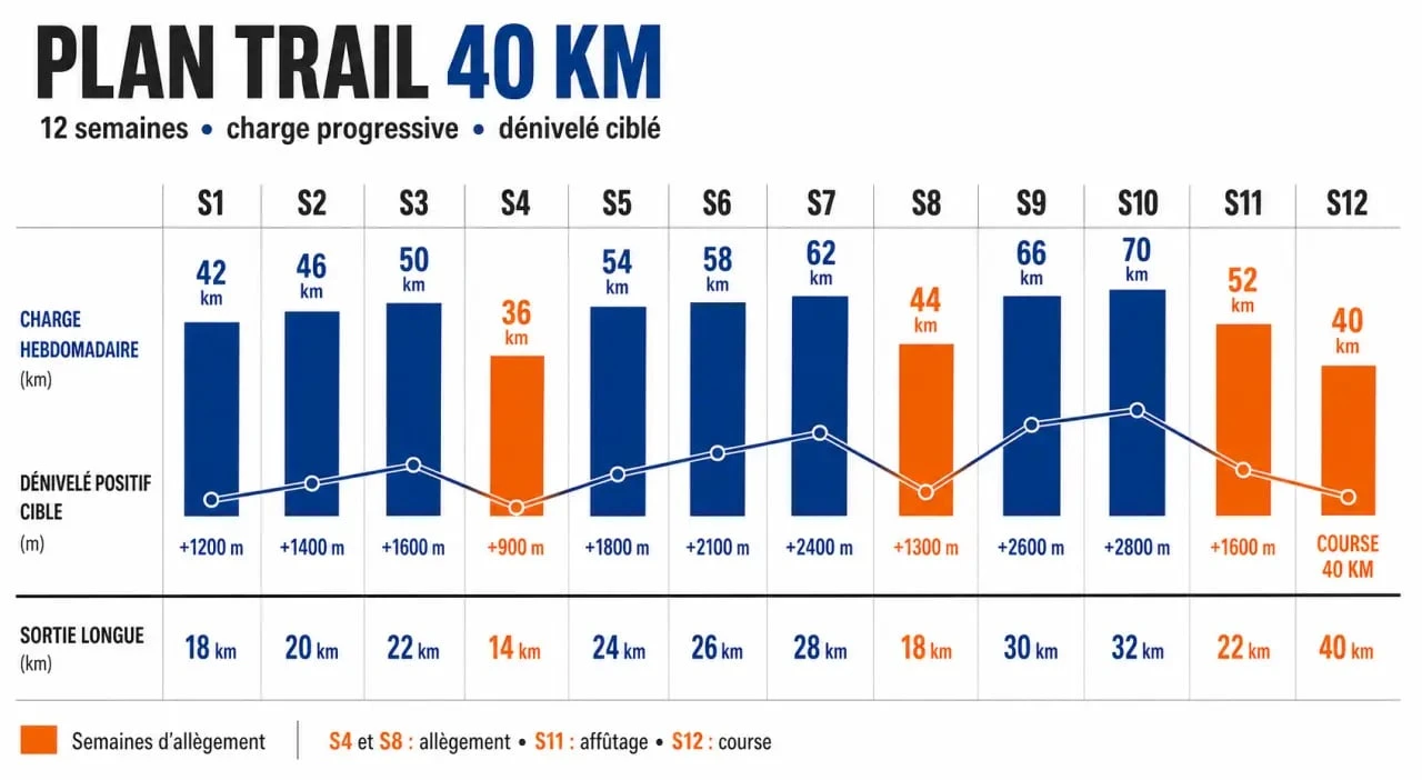 Plan entraînement trail 40 km illustré avec progression sur 12 semaines, volume et D+ cible