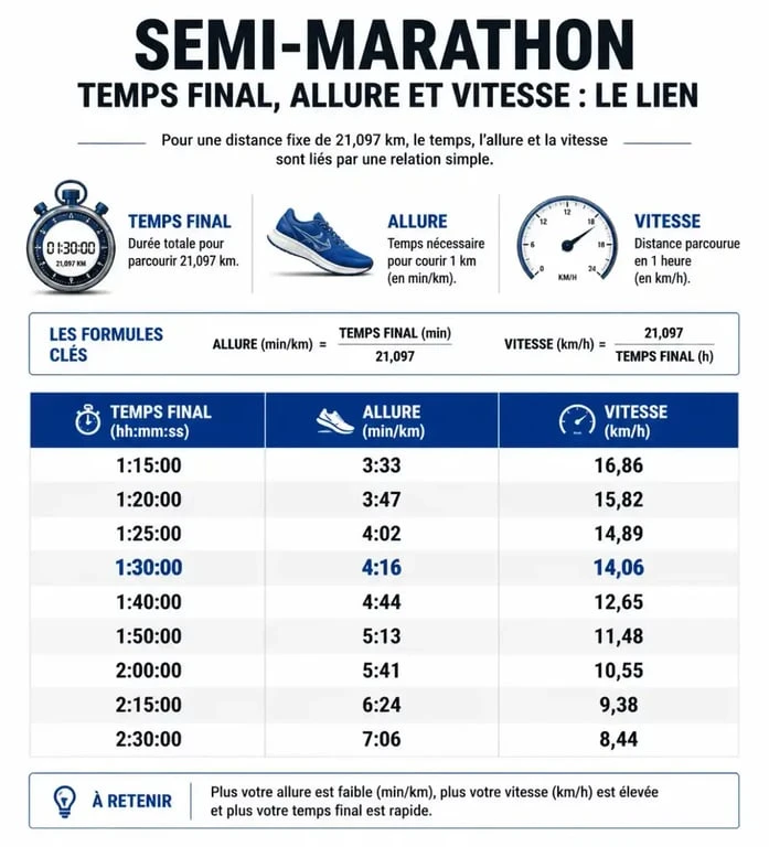Tableau récapitulatif des allures et temps de passage pour un semi-marathon