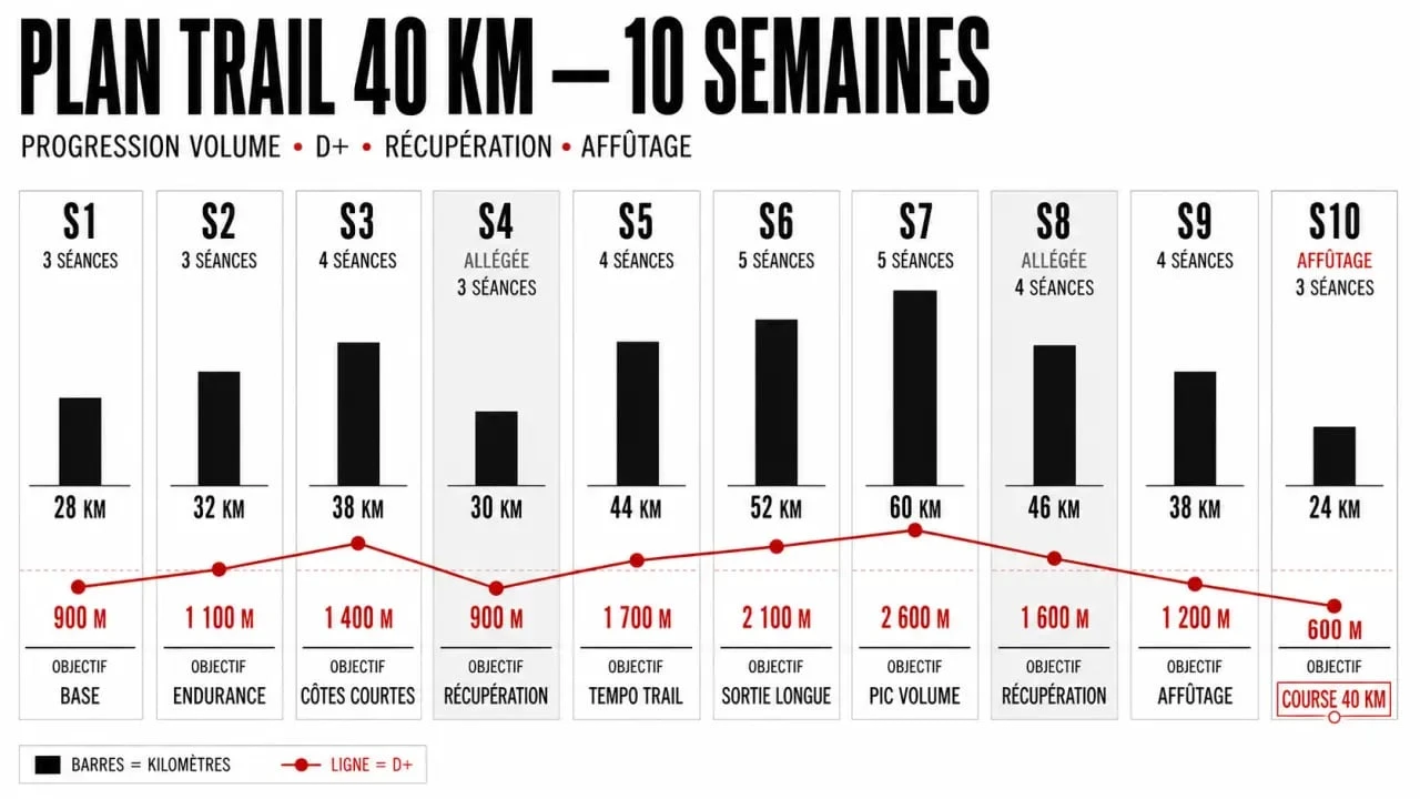 Plan entraînement trail 40 km PDF : progression visuelle sur 10 semaines avec séances, volume hebdomadaire, dénivelé et récupération