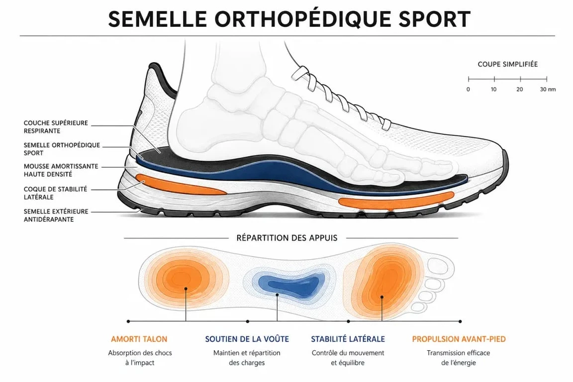 Schéma d'une semelle orthopédique sport dans une chaussure de course, montrant l'appui et l'amorti