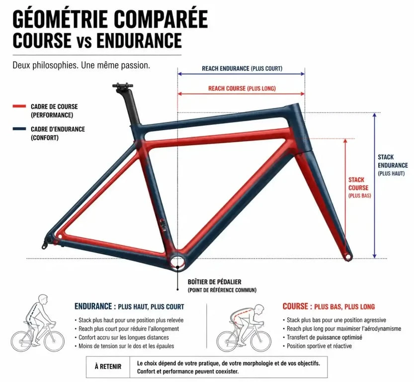 Schéma comparatif de la géométrie d'un vélo d'endurance versus vélo de course