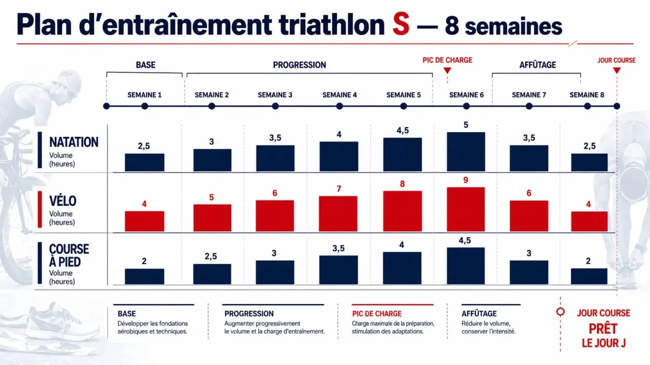 Plan entrainement triathlon S sur 8 semaines avec progression natation vélo course