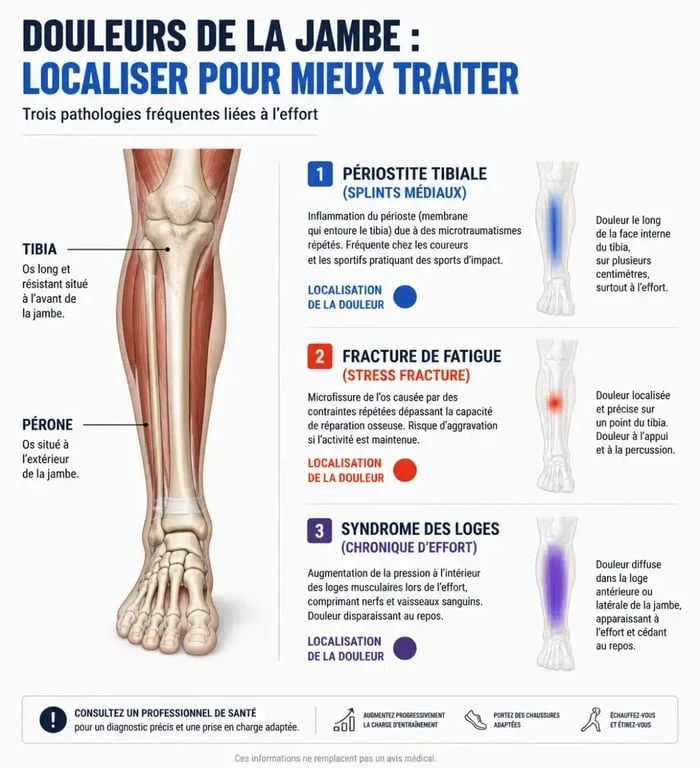 Schéma anatomique illustrant les différentes causes de douleur au tibia en marchant