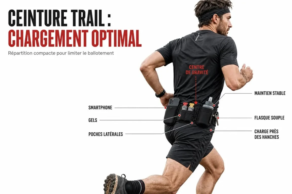 Ceinture trail portée correctement avec répartition des objets pour limiter les rebonds