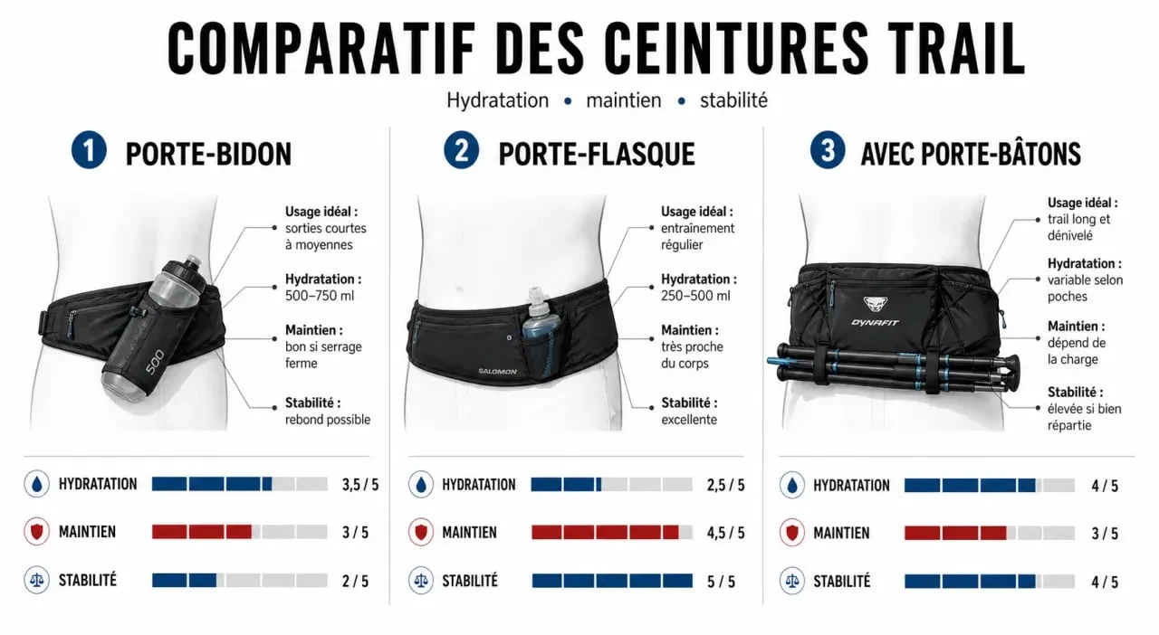 Ceinture trail : comparaison visuelle entre porte-bidon, porte-flasque et porte-bâtons