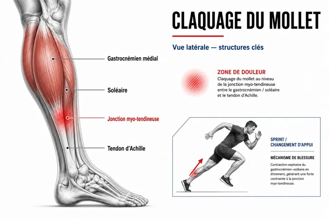 Symptomes claquage mollet : schéma du mollet avec zones de douleur et tendon d’Achille