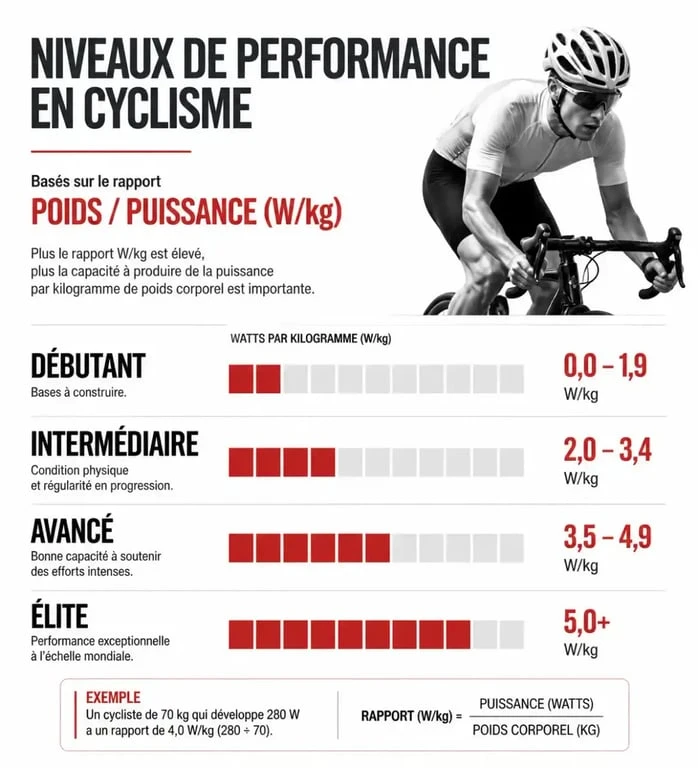 Infographie des niveaux de performance en cyclisme basés sur le rapport poids/puissance (W/kg) pour le test PMA