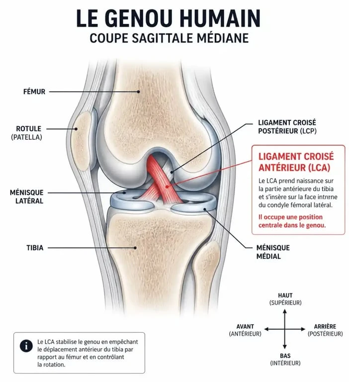 Schéma anatomique du genou montrant le ligament croisé antérieur (LCA) pour comprendre la rupture des ligaments croisés