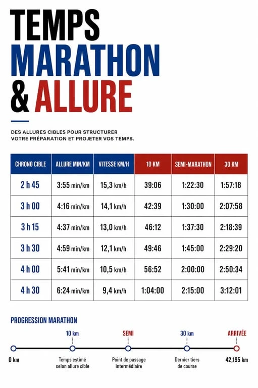 Temps marathon allure : visualisation claire des allures cibles, vitesses et temps de passage