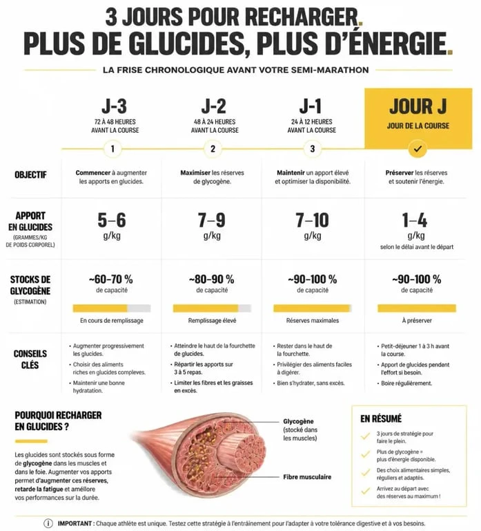 Infographie chronologique de la recharge glucidique avant un semi-marathon