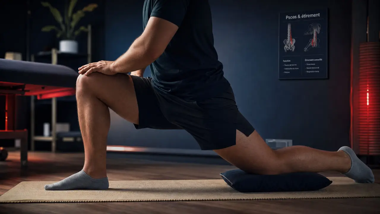 Etirer psoas : rétroversion bassin en fente basse, bas du dos