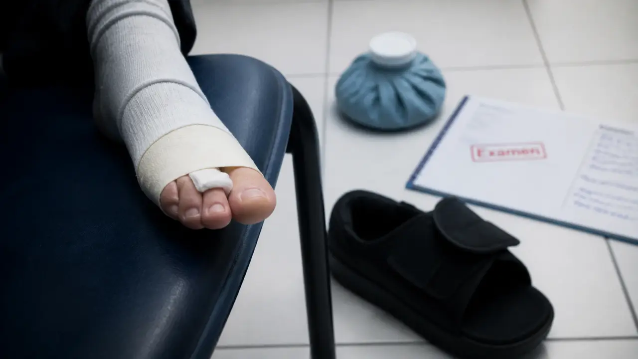 Petit orteil cassé, pied bandé et immobilisé au repos