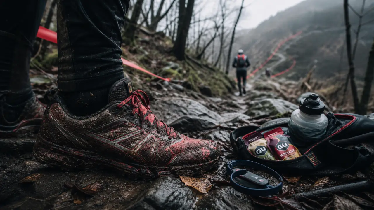 Plan d'entrainement trail 50 km : ravitaillement et dénivelé maîtrisés, chaussure boueuse sur sentier