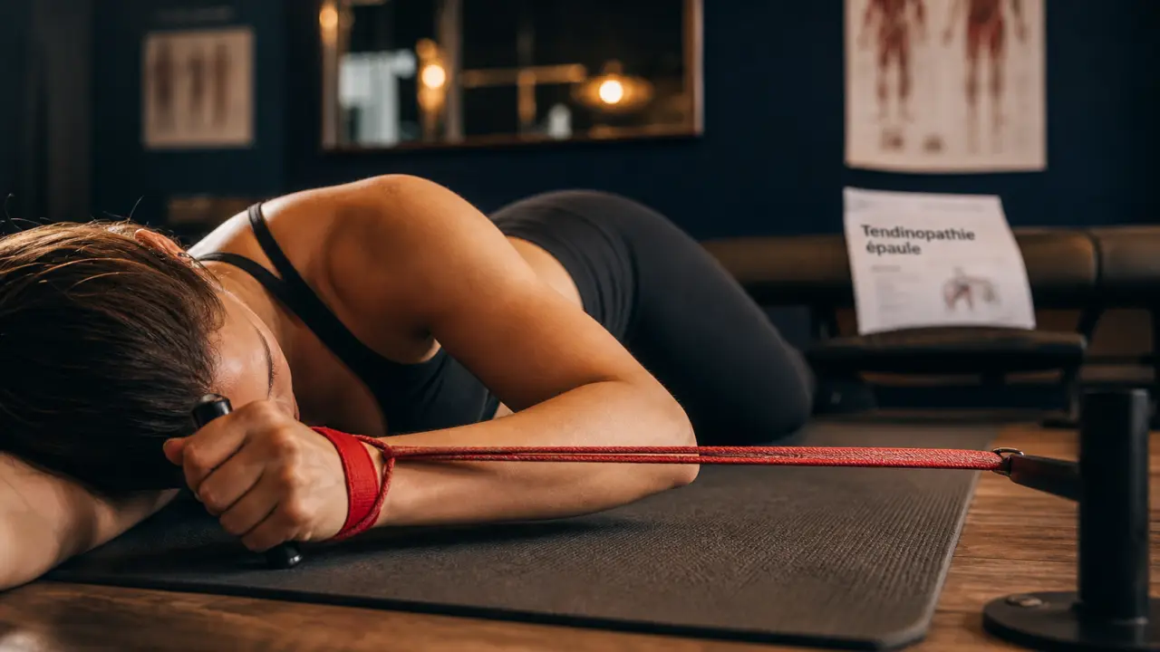 tendinite épaule exercices : femme fait 6 exercices avec élastique pour rotation