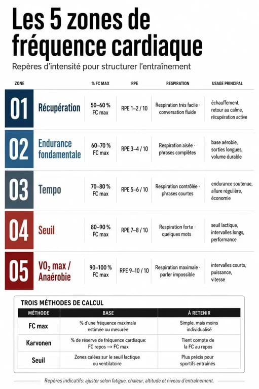 Calculateur zone de fréquence cardiaque avec les 5 zones d’entraînement et leurs repères de respiration