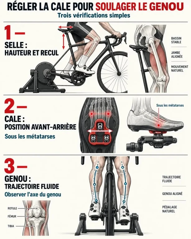 Réglage cale vélo douleur genou en trois étapes avec contrôle de la selle, de l’orientation du pied et de la trajectoire du genou