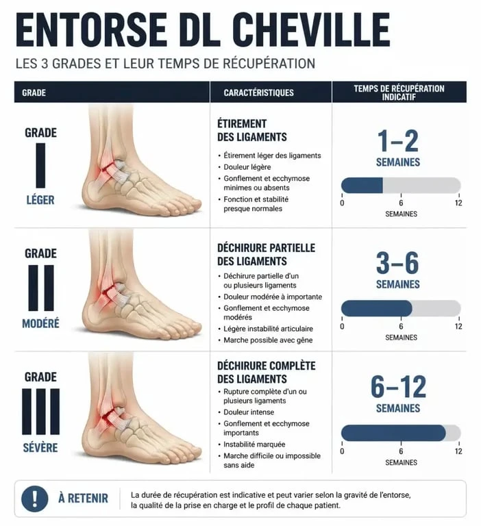 Infographie des durées de guérison d'une entorse de la cheville selon la gravité