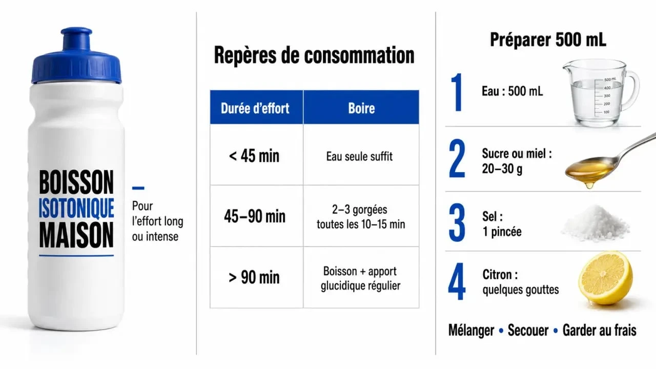 Boisson isotonique maison avec repères de dosage, durée d’effort et préparation en bidon de sport