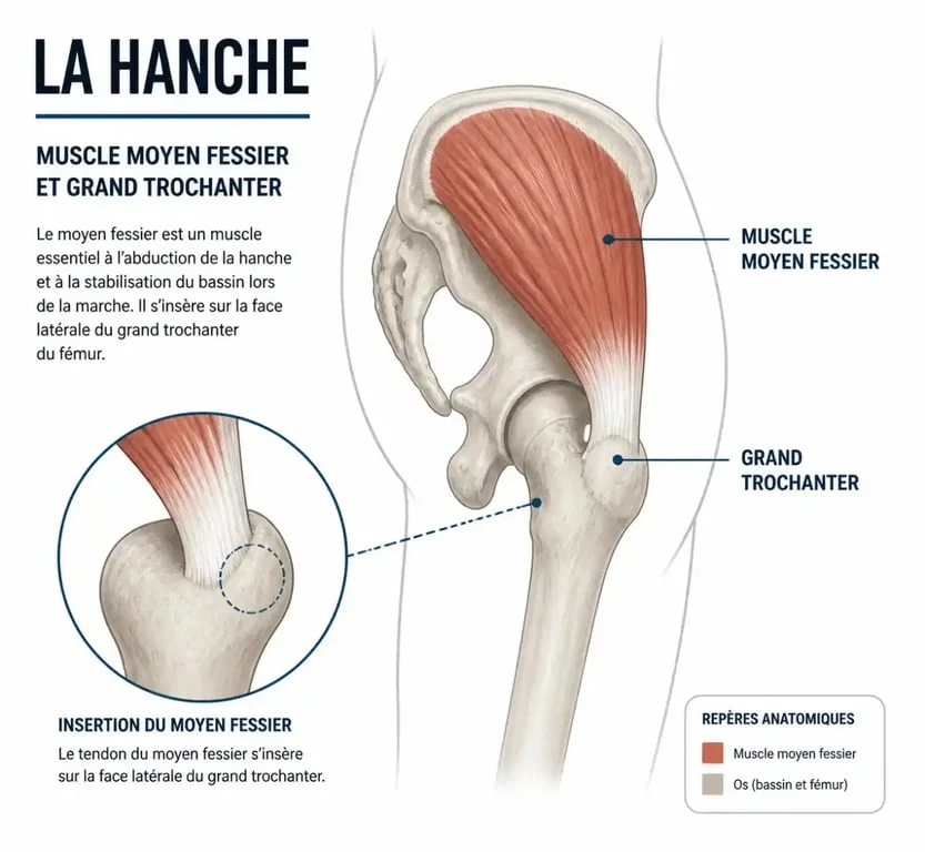 Anatomie du moyen fessier et localisation de la tendinite du moyen fessier