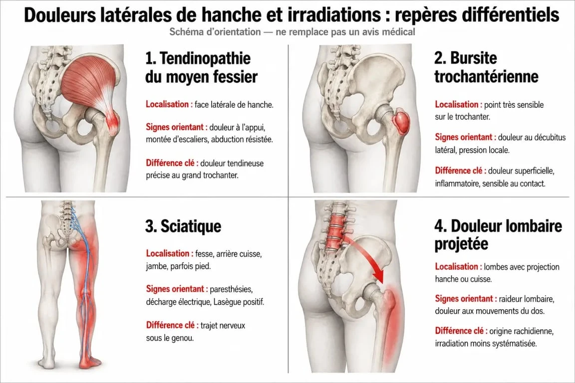 Tendinite du moyen fessier symptômes, comparatif visuel avec bursite trochantérienne, sciatique et douleur lombaire projetée