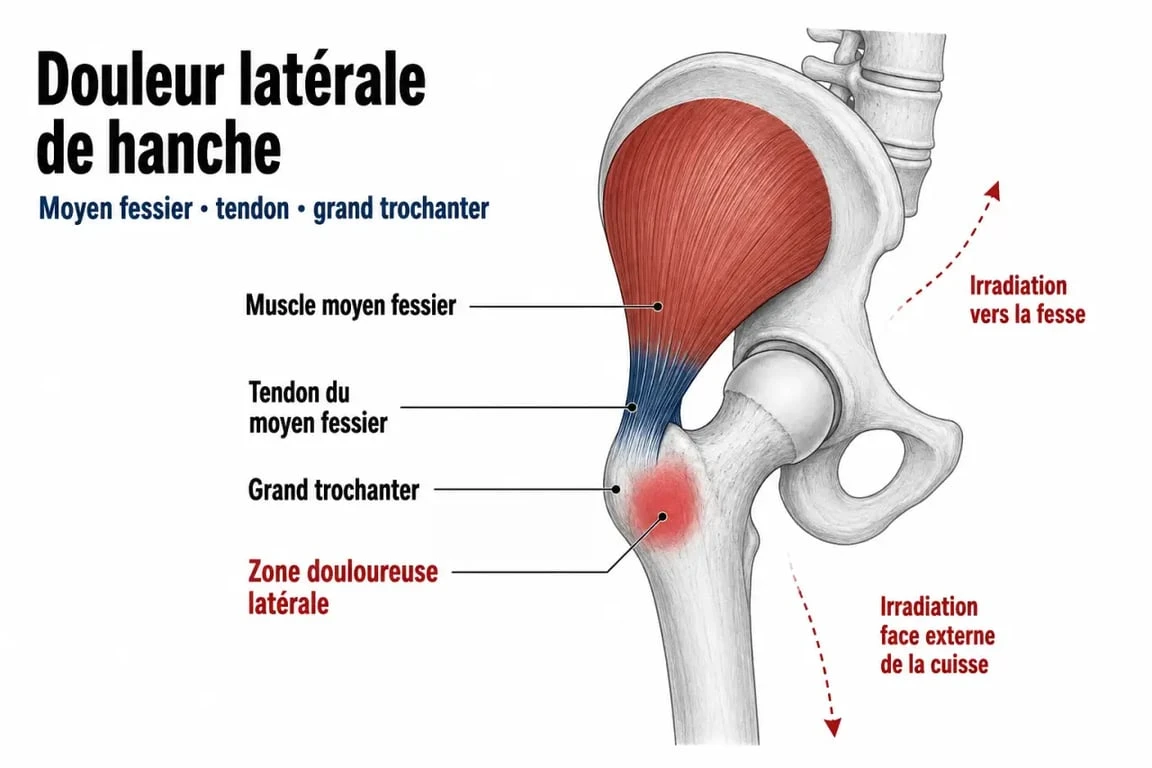 Tendinite du moyen fessier symptômes, schéma médical de la hanche montrant la zone douloureuse latérale et les irradiations possibles