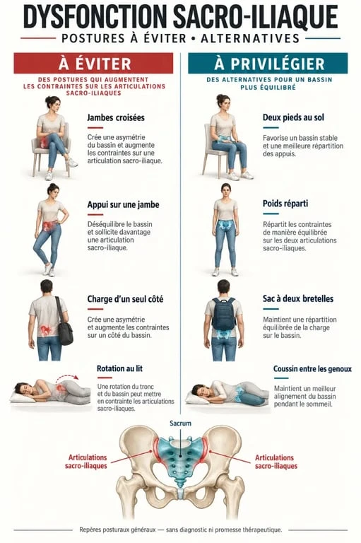 Dysfonction sacro-iliaque : postures à éviter et positions plus tolérables