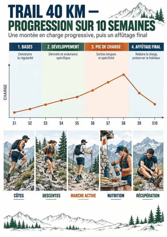 Infographie de progression d'un programme trail 40 km sur 10 semaines avec dénivelé, sorties longues et affûtage