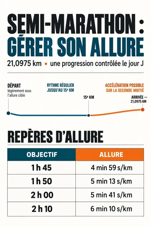 Infographie de prépa semi-marathon sur les allures cibles et les temps de course