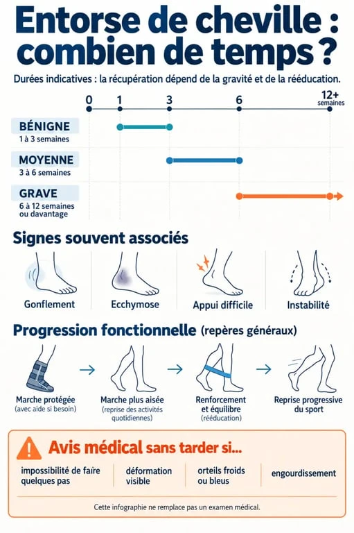 Infographie sur la durée d'une entorse de cheville selon sa gravité