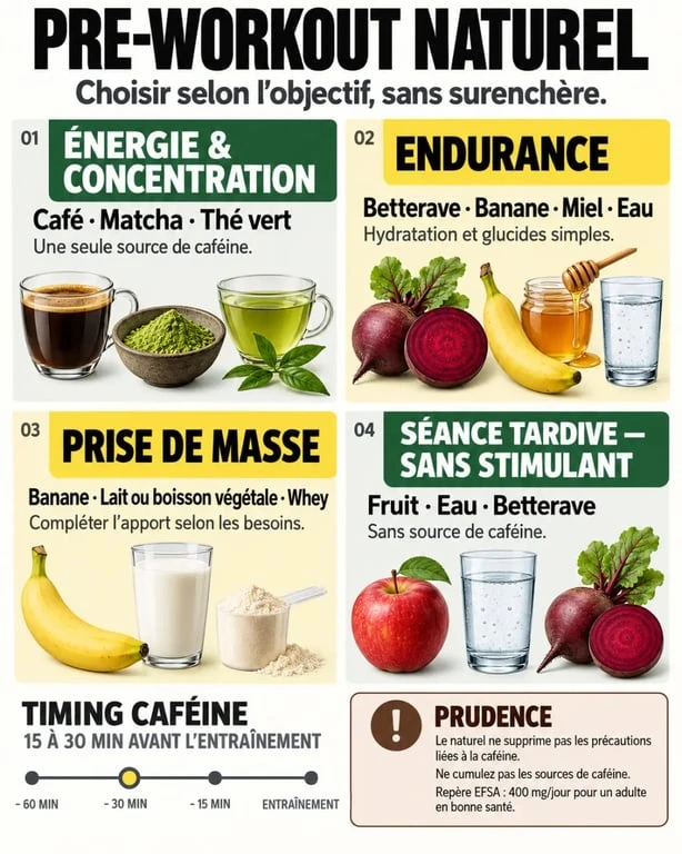 Infographie sur le pre workout naturel selon l’objectif sportif, les ingrédients et la caféine