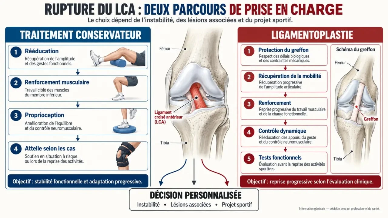 Schéma comparatif du traitement conservateur et de la chirurgie pour une rupture ligament croisé