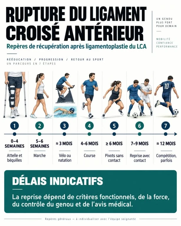 Infographie sur le temps de guérison d'une rupture ligament croisé avec les étapes de reprise après ligamentoplastie