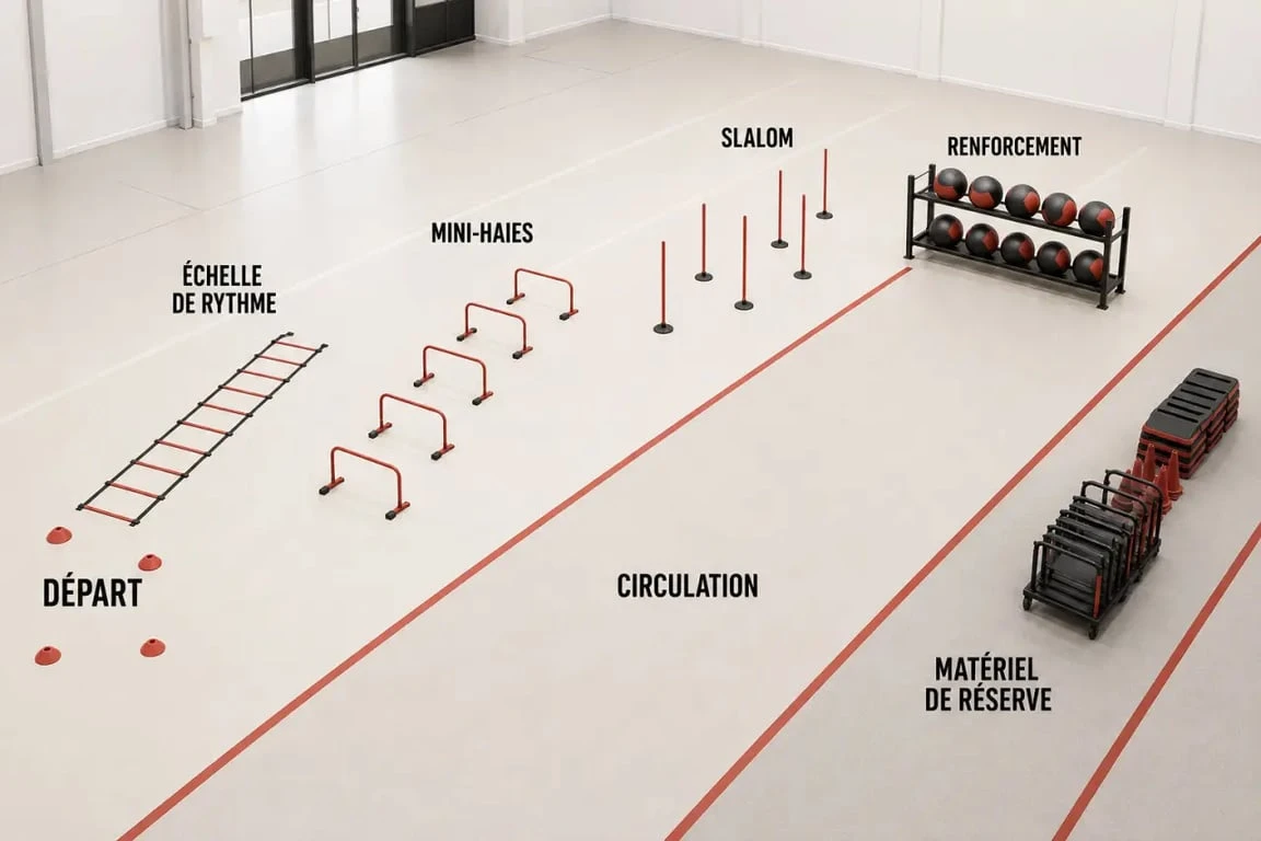 Parcours d'entraînement organisé avec du matériel préparateur sportif dans un gymnase