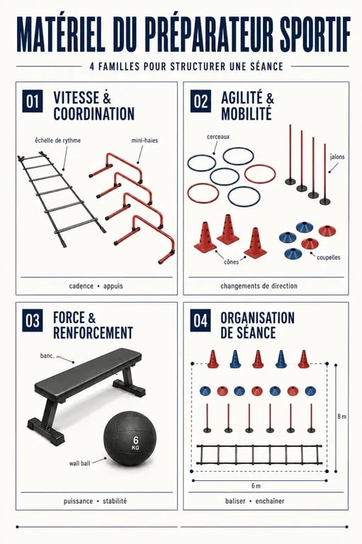 Infographie des catégories de matériel préparateur sportif selon les objectifs d'entraînement