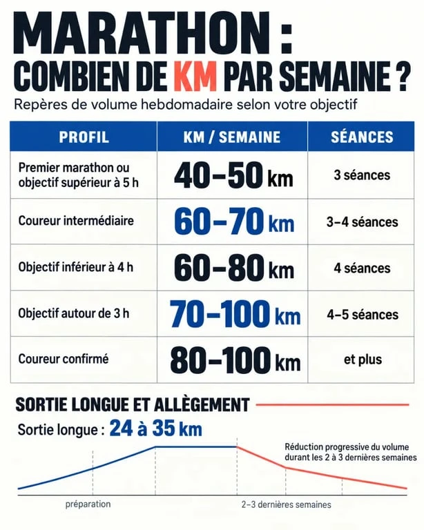 Infographie sur combien de km par semaine pour préparer un marathon selon le niveau et l’objectif