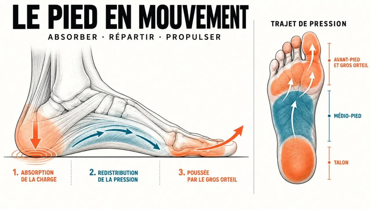 Schéma de kinésithérapie du pied montrant les appuis et le déroulé de la marche