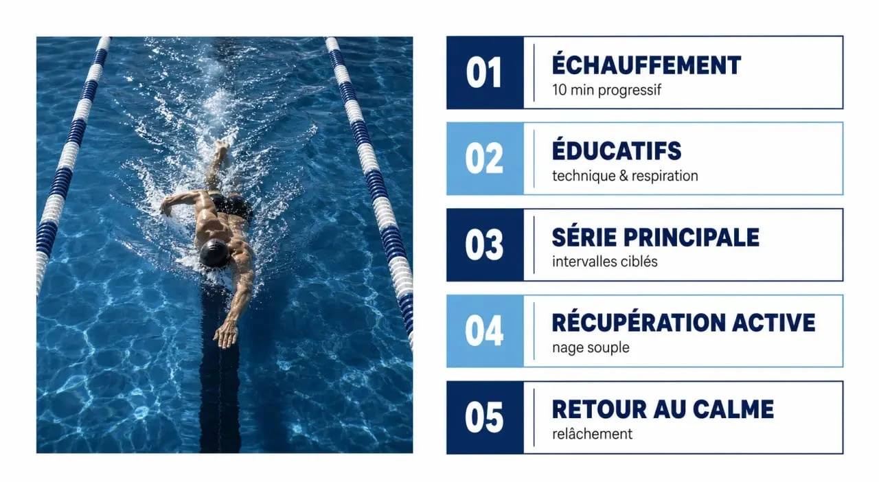 Schéma d’une séance d’entrainement natation en 5 blocs