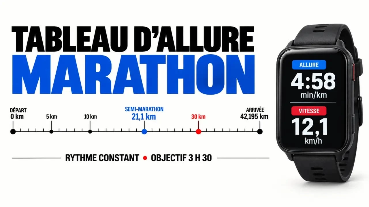 Tableau allure marathon avec repères de temps de passage, allure en min/km et vitesse moyenne