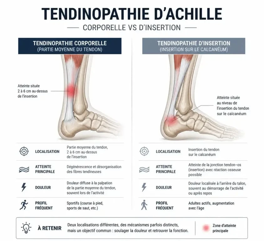 Schéma anatomique illustrant les zones de douleur pour soulager tendon d'achille