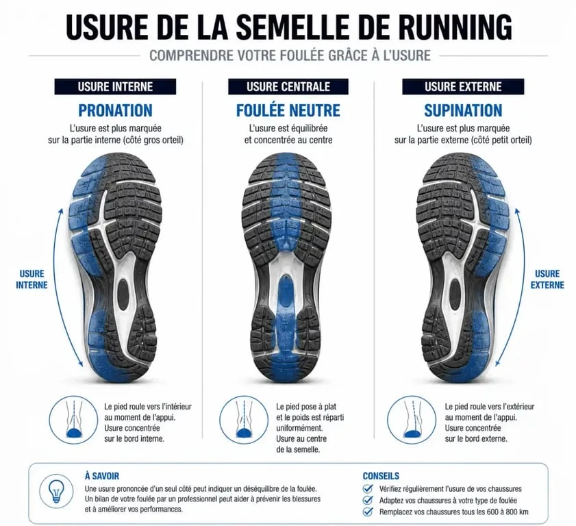 Zones d'usure de la semelle de chaussure selon le type de pronation du pied