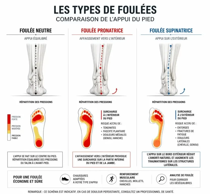 Schéma comparatif des types de foulée : pronation, supination et foulée neutre pour la course à pied