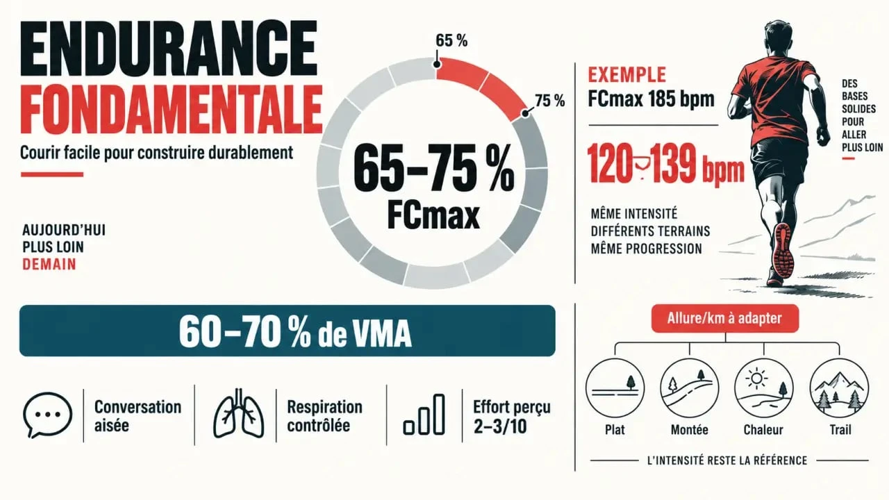 Tableau endurance fondamentale avec zones de fréquence cardiaque, allure et repères de sensations