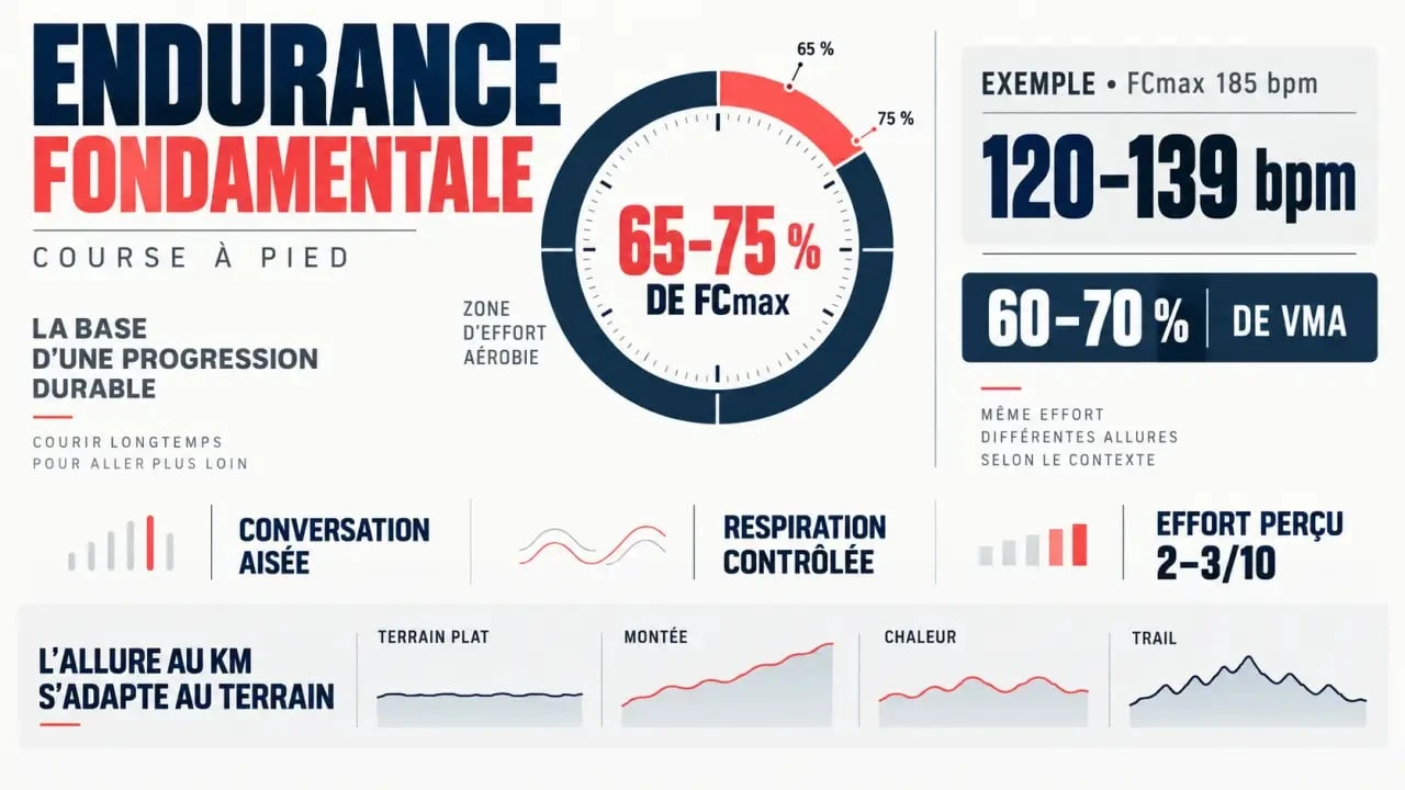 Tableau endurance fondamentale avec zones de fréquence cardiaque, allure et repères de sensations