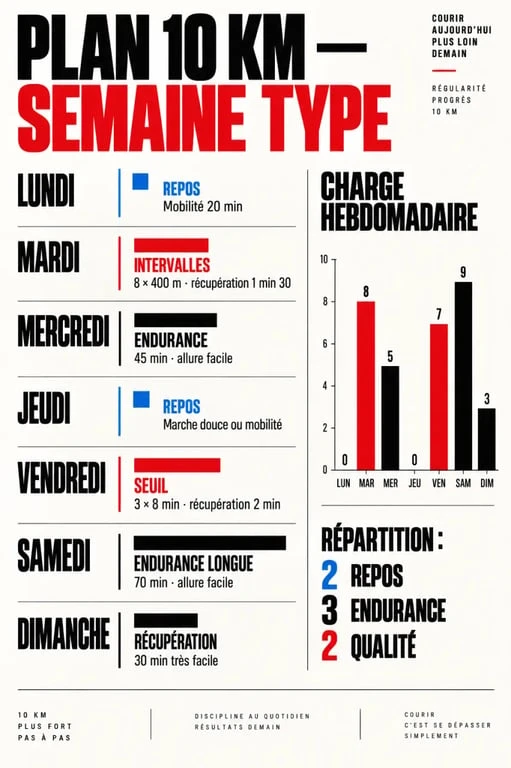 Infographie illustrant une semaine type d'entrainement au 10 km