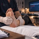 Kinésithérapie pied : mains massant la voûte, cheville stabilisée