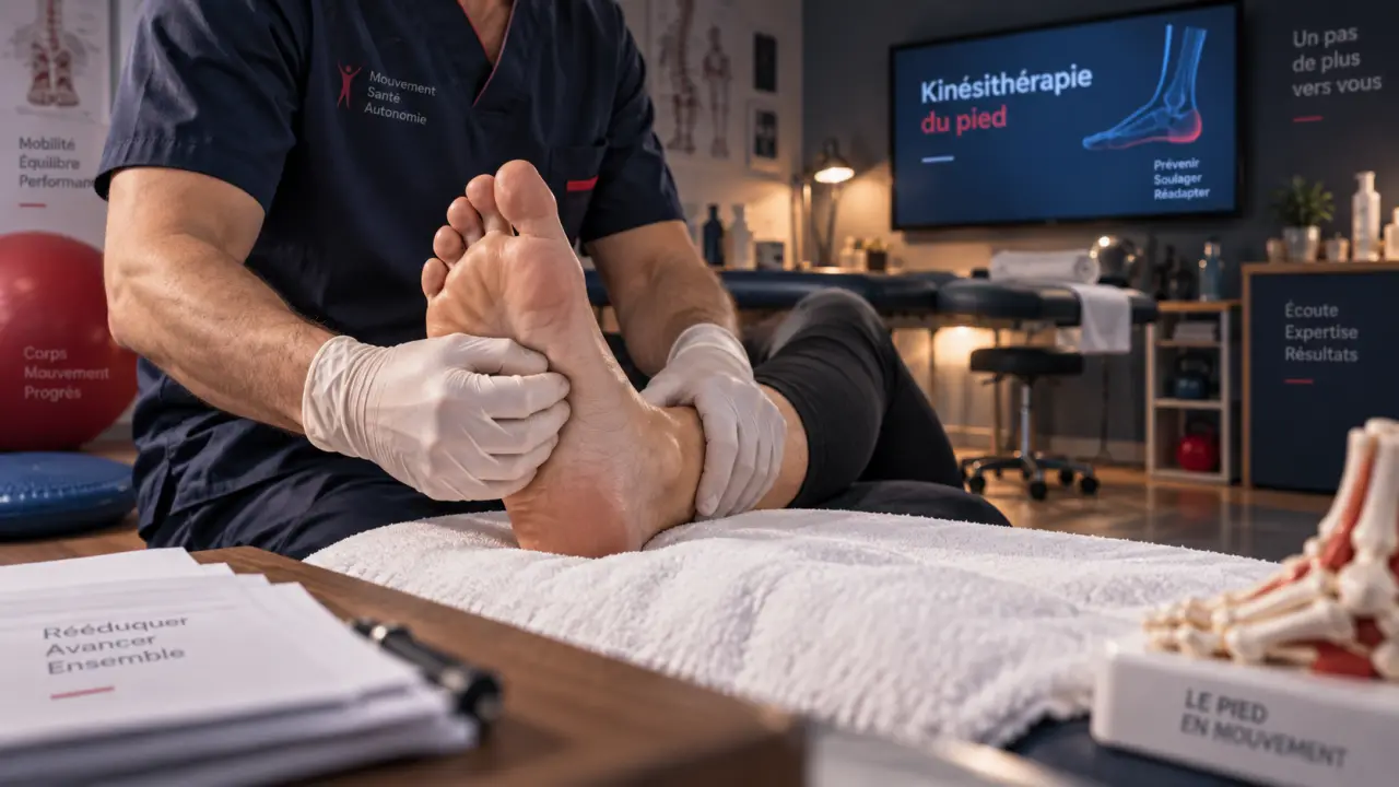 Kinésithérapie pied : mains massant la voûte, cheville stabilisée